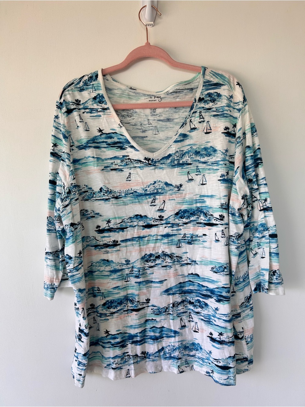 Coral Bay Nautical Coastal Scene 3/4 Sleeve Tee Blue Pink 3X